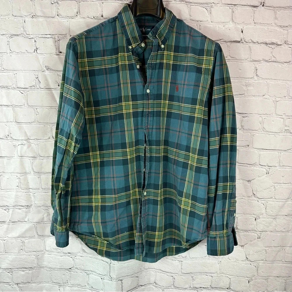 ralph lauren classic fit 100% cotton plaid long sleeve shirts sz large preppy